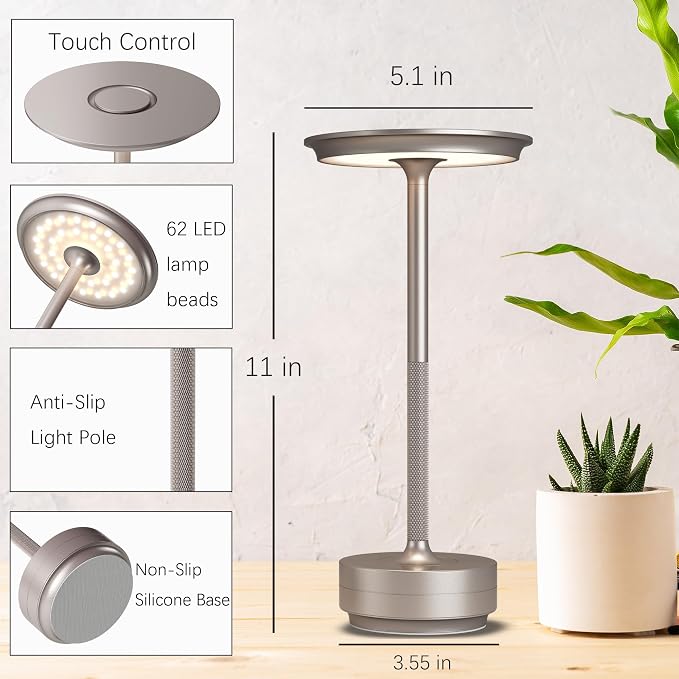 2 Pack Cordless Table Lamps Rechargeable, 5000mAh LED Table Light | 3 Color Stepless Dimming Battery Powered Table Lamp with Memory Function for Restaurant/Home/Outdoor.(Champagne Gold) - Image 7