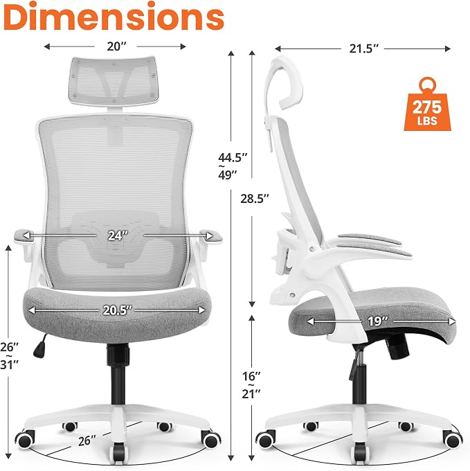 NEO CHAIR Office Desk Chair with Ergonomic High Back Mesh Headrest, Grey | Adjustable Headrest and Lumbar Support with Flip-Up Armrests Designed for Extended Sitting Comfort While Saving Space - Image 2