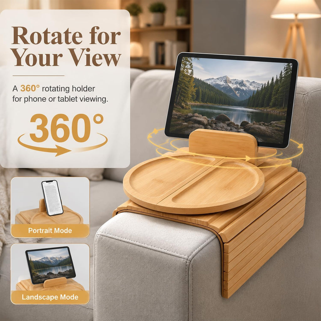 Couch Arm Tray, Bamboo Sofa Arm Tray,Foldable with 360° Rotating Phone Holder - Image 2