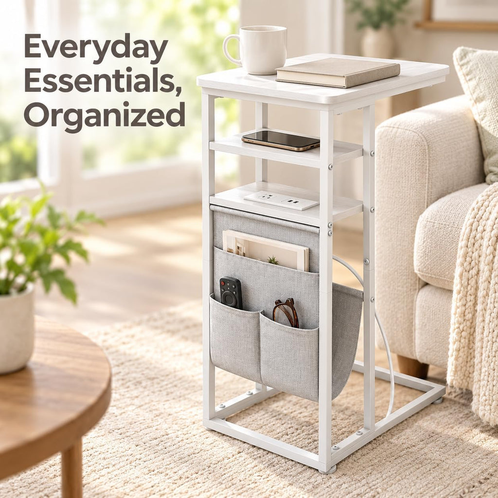 C Shaped End Table with Charging Station, 28"(H) 3-Tier C Table with Storage Bag, Under Couch Table C-Shaped End Table with Storage Shelves and Bag for Living Room, Bedroom, or Office - Image 7