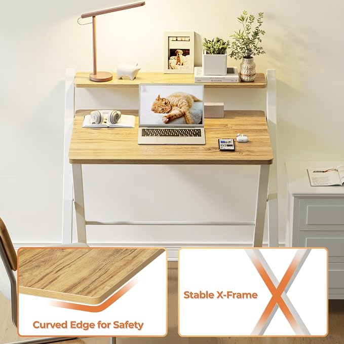 GreenForest Folding Desk No Assembly, Sturdy Computer Desk for Small Spaces | Portable Foldable Table for Laptop, 2-Tier Compact with Shelf, Space Saving for Home Office, Dorm, Apartment, 24.5"x 30" Oak - Image 6