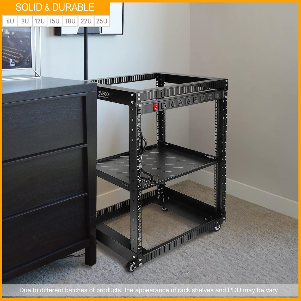 22U Open Frame Server Rack with Brake Casters +19" Rail Mounting PDU (8 Outlets) Power Strip with Surge Protector + 2PCS Rack Shelves Cantilever Tray Set Black - Image 5