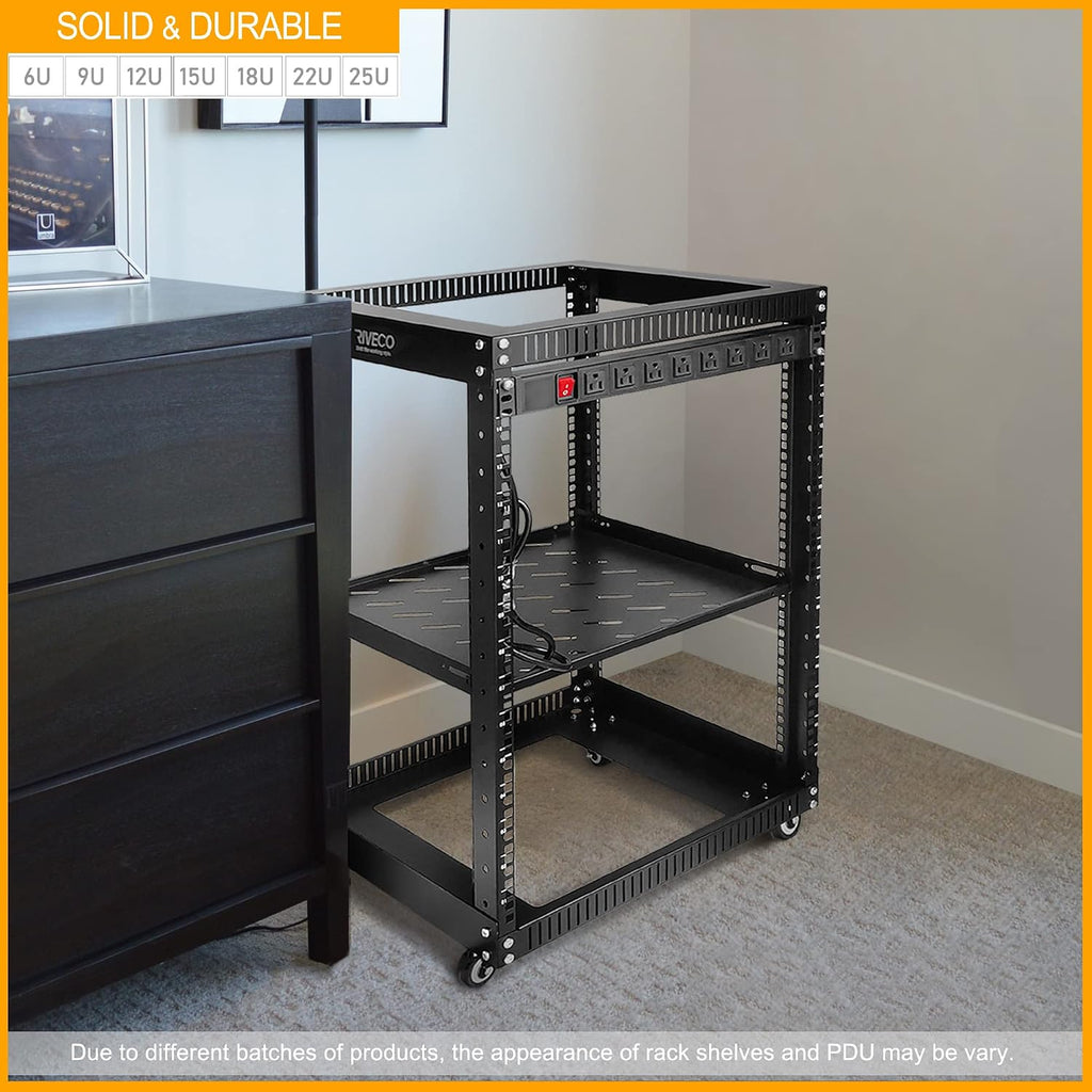 25U Open Frame Server Rack with Wheels + PDU (8 Outlets) Power Strip Surge Protector (2pcs Rack Shelves +1 PDU, 25U) - Image 5
