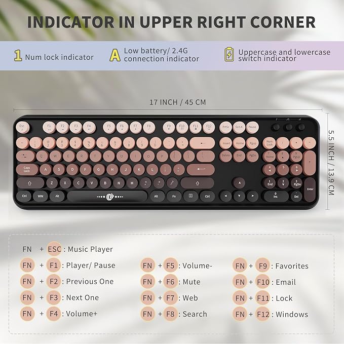 Wireless Keyboard and Mouse Combo - 2.4G Full-Sized Cute Colorful Mouse and Keyboard with 104 Round Keys Retro Typewriter Keyboard for Laptop/Windows/PC - Pink Gradient - Image 3