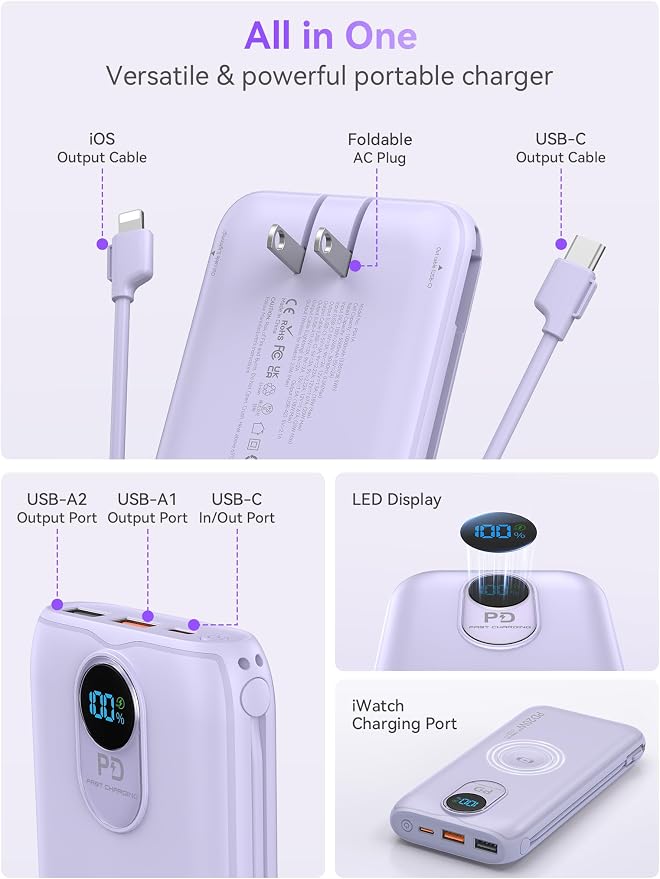 Portable Charger Power Bank 10000mAh PD20W w/Built-in Cables & AC Plug | Portable charger iphone,Fast charging, Built-in wall plug, LED display, Charge 6 devices at once, Pass through charging - Image 4