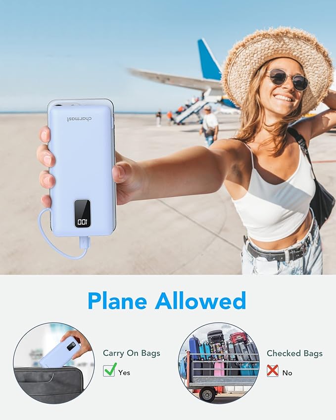 charmast Portable Charger Power Bank Built in Cables,10000mAh Battery Pack | with AC Wall Plug,LED Display & 5 Outputs,Travel Camping Essentials Slim External Phone Charger for iPhone,Samsung,Android - Image 5