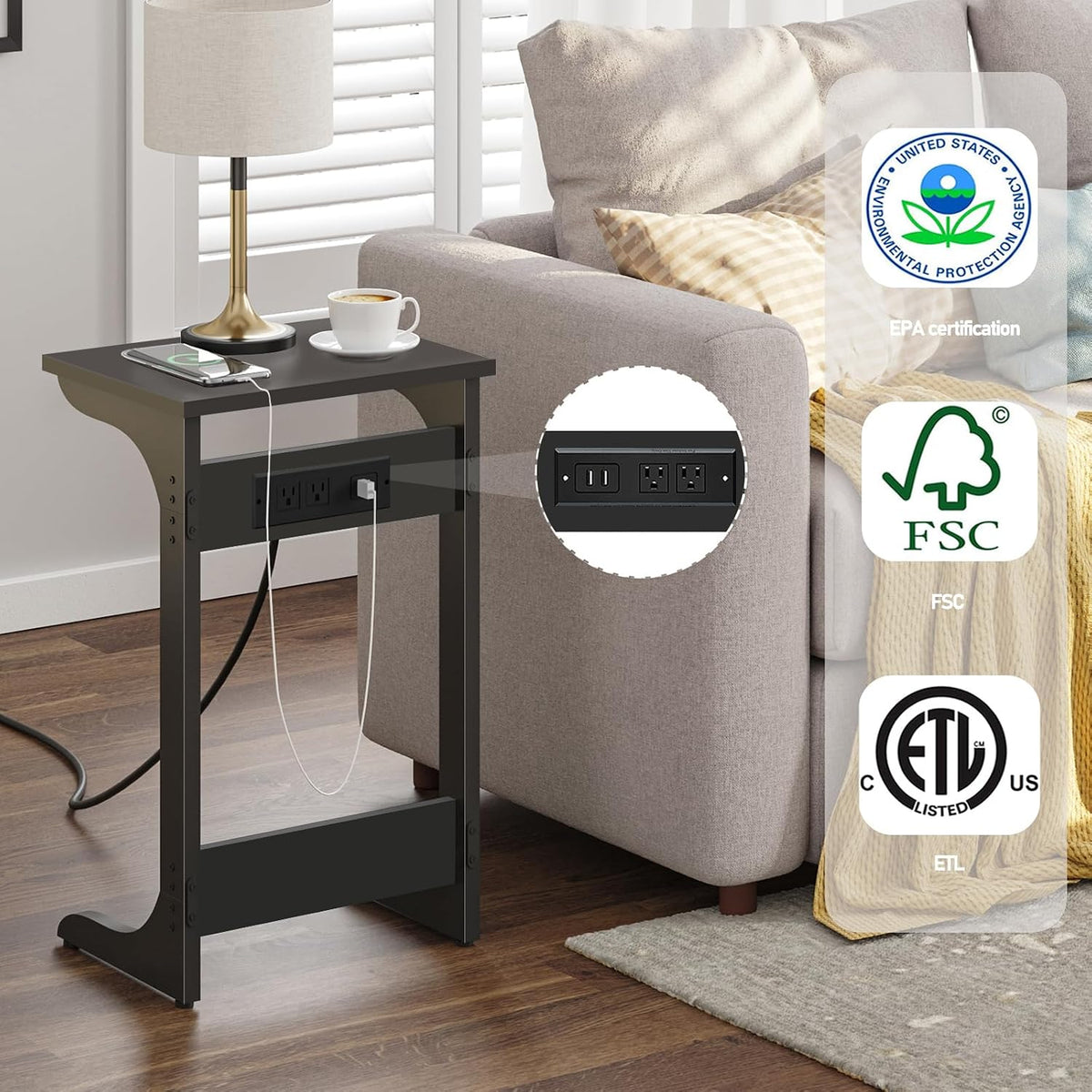 TUTOTAK C Shaped End Table with Charging Station, Side Table, Couch Table for Small Spaces, Tv Tray Table with 2 USB Ports and Outlets, Living Room, Bedroom TB01BK044 - Image 4