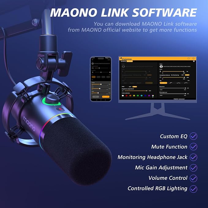 MAONO PD200XS XLR/USB Dynamic Microphone Kit, RGB Gaming Mic with Software | PC Mic with Mute, Gain Knob, Volume Control, Boom Arm for Streaming, Gaming, Podcasting, Voice-Over, Recording - Image 3