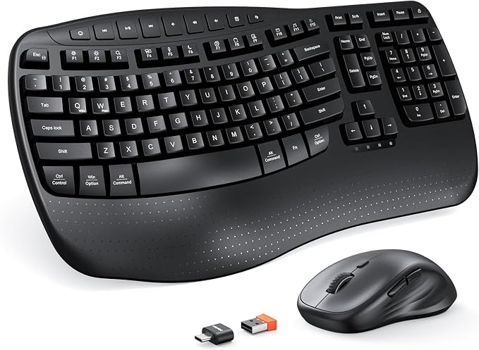 MEETION Ergonomic Wireless Keyboard and Mouse Combo with Wave Keys | Natural wave keys, hard wrist rest, 2.4G USB receiver, full-size layout, 4 DPI optical mouse, for Windows, Mac, desktop PC by MEETION