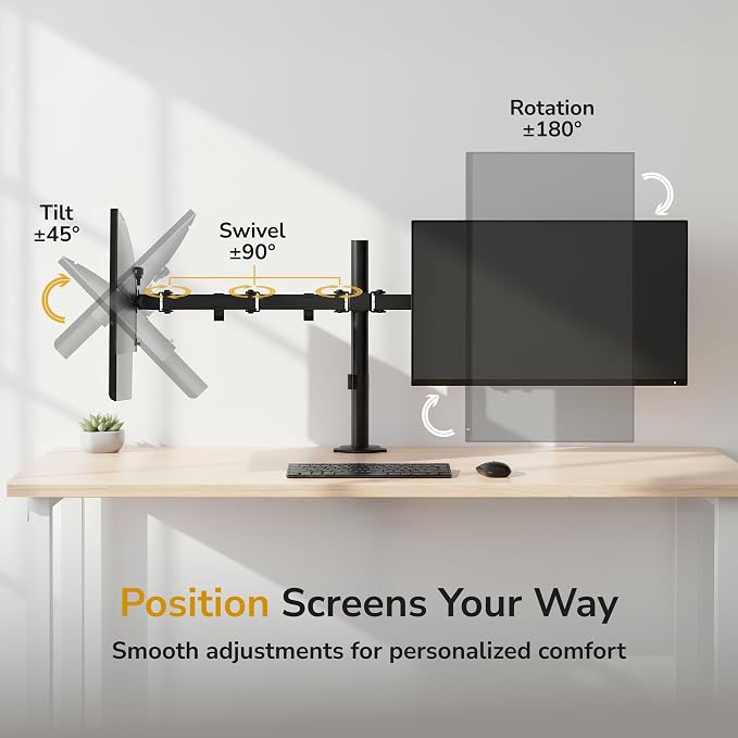 Mount-It Dual Monitor Arm, Heavy Duty Desk Mount for 2 Screens 13-32 in | Up to 19.8 lbs Each, Full Motion Tilt Swivel Rotate, VESA 75x75 100x100, Steel, Cable Management, C-Clamp or Grommet, Black - Image 4