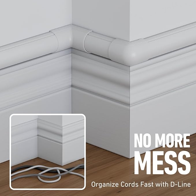 D-Line 13.12ft Cord Hider Kit, Patented Cable Cover, Hide Wires on Wall, Channel for TV Mount Cords, Raceway Wire Hiders, Paintable, Adhesive, Half Round, 4X 1.18in W x 0.59in H x 39in Lengths, White - Image 6