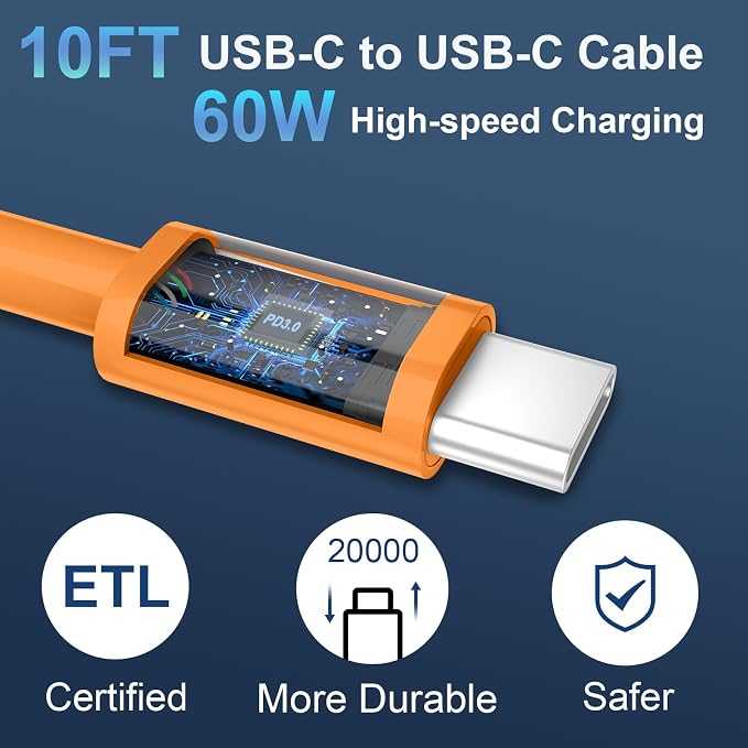 20W Dual Port USB C Charger Block for iPhone 17 16 15 Pro Max Charger Fast Charging with 10FT Long USB C to C Charging Cable Cord for iPhone 17 16 15 Pro Max/17 16 15Pro/15, Android Phone-Orange - Image 5