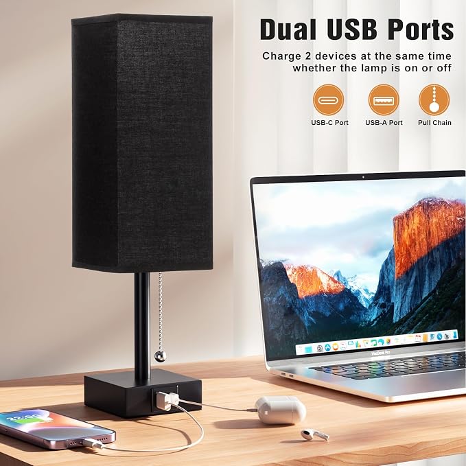 Set of 2 Black Bedside Table Lamps for Bedroom - Nightstand Lamp, USB C+A | Pull Chain Lamp, 3 Color Modes(3000K/4000K/5000K), E26 LED Bulb Included, Square Black Fabric Lampshade, for Read, Work, Dorm - Image 5