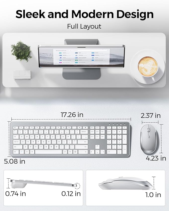 seenda Wireless Keyboard and Mouse Combo, Slim Full-Size Design | Quiet typing and mouse clicks, 2.4G USB receiver, Adjustable DPI mouse, Compatible for Windows PCs/laptops, White Silver - Image 5