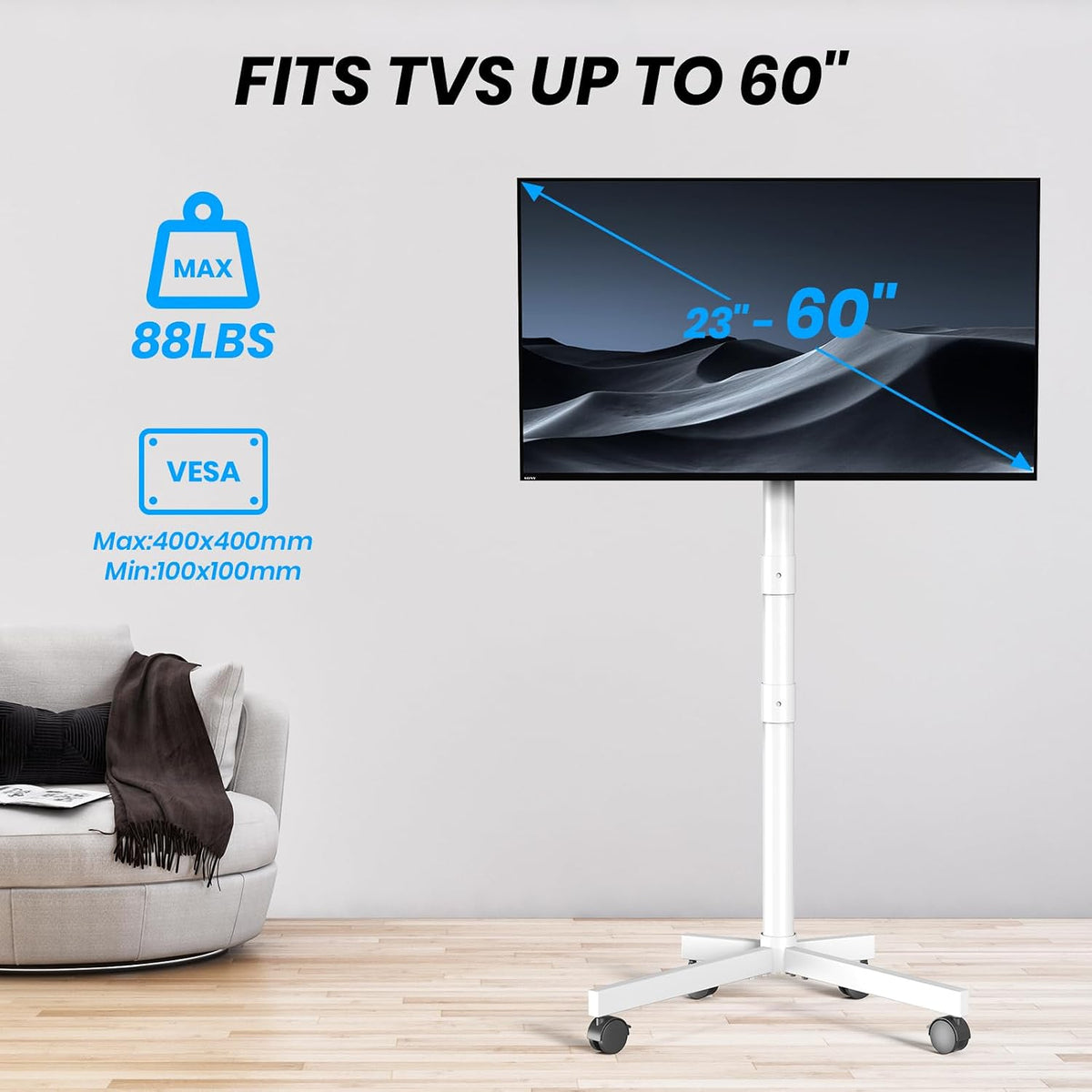 Mobile TV Cart, Rolling TV Stand with Locking Wheels for 20-60 Inch, White - Image 7