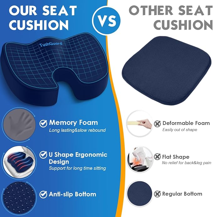 Seat Cushion for Office Chair, Car, Memory Foam, Blue XX-Large | For Back, Coccyx, Sciatica, Tailbone Pain, Ergonomic Design, Non-Slip, Desk Wheelchair Use, Supportive Butt Pillow, For Man - Image 4