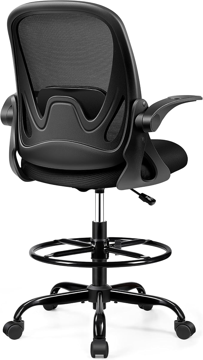 Drafting Chair Tall Office Chair with Flip-up Armrests, Adjustable Height, and Enhanced Lumbar Support - Ergonomic Rolling Stool, Back Support, and Adjustable Foot Rest Ring for Standing Desk Black by Primy