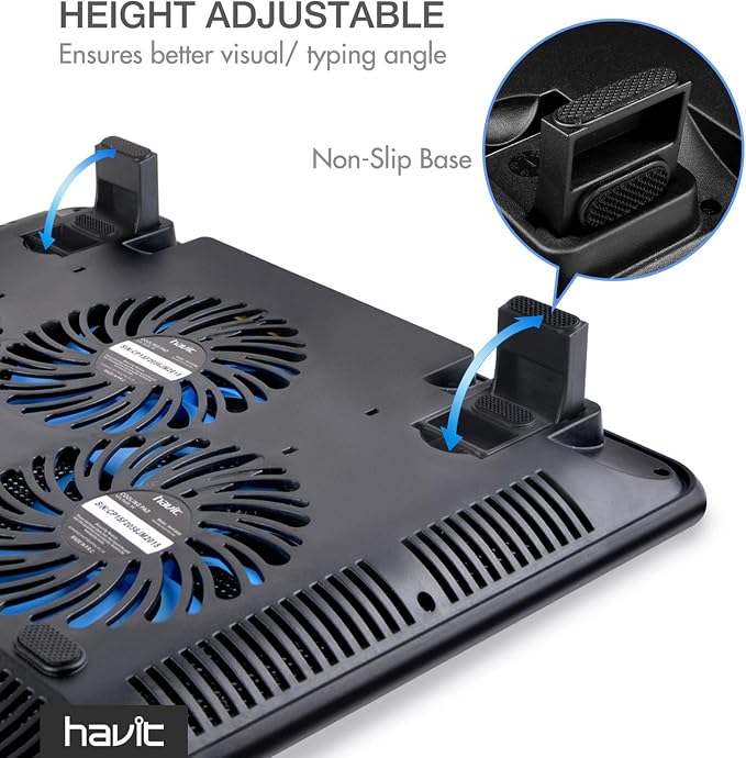 Havit HV-F2056 15.6-17 Inch Laptop Cooler Cooling Pad - Slim Portable USB Powered (3 Fans) (Blue) | Three quiet USB-powered fans circulate air below the laptop, two height settings improve viewing and typing comfort - Image 7