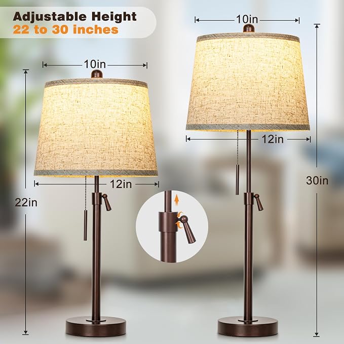 Table Lamps Set of 2, 22" to 30"Adjustable Height Bedside Lamps for Living Room 3 Color Temperatures Tall Nightstand Lamps Modern Brown Table Lamp for Bedroom Office End Table (Bulbs Included) - Image 2