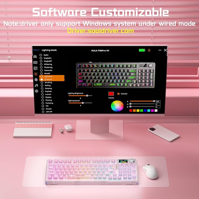 Aula F98Pro V3 Wireless Mechanical Gaming Clear Keyboard with Screen & Knob | Triple-Mode Hot Swappable, Gasket Mount Linear Switches, Clear Keycaps RGB Backlit, TFT Screen 10000mAh Battery for PC/Office - Image 9