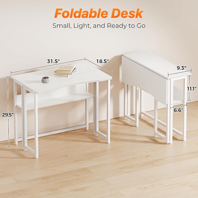 Huuger Folding Desk with Storage Shelf, 31.5 Inch Foldable Computer Table | Writing Work Office Computer Desk for Small Spaces, Space Saving Sofa Table for Couch, Easy to Fold, White - Image 2
