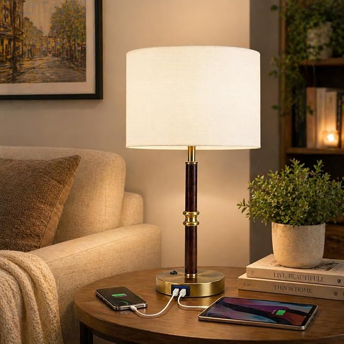 Table Lamp for Bedroom with USB & AC Outlet, Bulb Not Included | 19.3" Wood & Metal Mid Century Lamps Table Lamp for Living Room,Bedside Table Lamp with Linen Shade, Weighted Base,Home Decor by Starstrips