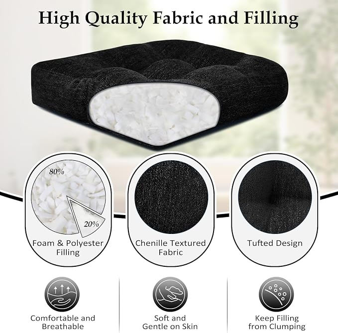downluxe Chair Cushions for Dining Chairs 4 Pack, Tufted Indoor Chair Pads with Non-Slip Bottom, U-Shaped Kitchen Chair Cushions, 18"x18"x4", Black - Image 2