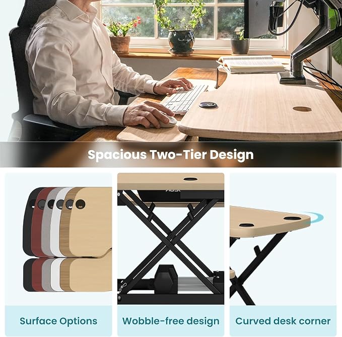 PowerPro 40 Inch Electric Standing Desk Converter – Push-Button Height Adjustable Sit to Stand Desk Riser for Triple Monitors & Laptop – Motorized Desktop Workstation with Wide Keyboard Tray - Image 3