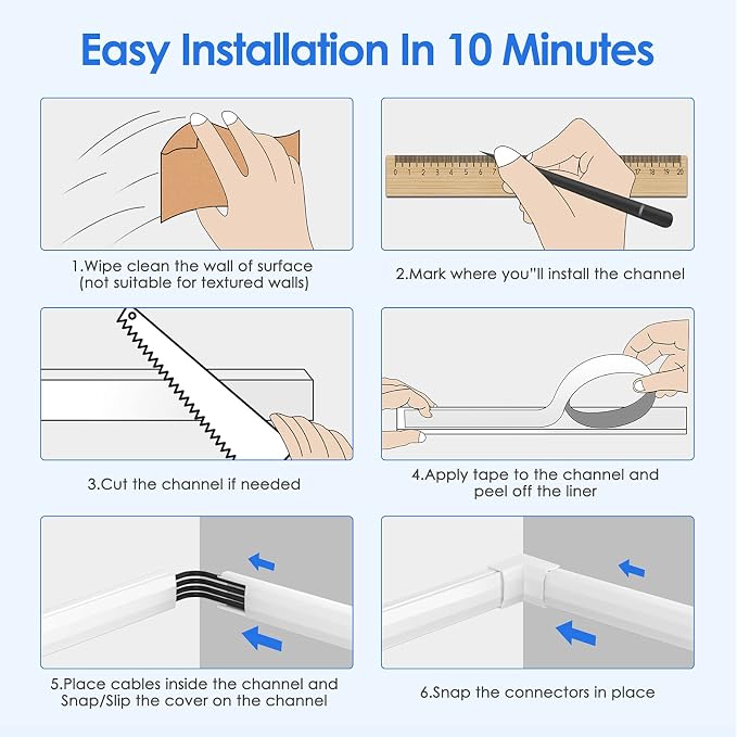 Yecaye TV Cord Hider, 125in Cord Cover, W1.18in H0.6in, White | Large Cable Hider, Wire Covers for 4 Cords, Cable Raceway Wire Hiders for TV on Wall, Cable Cover Cord Concealer - Image 8