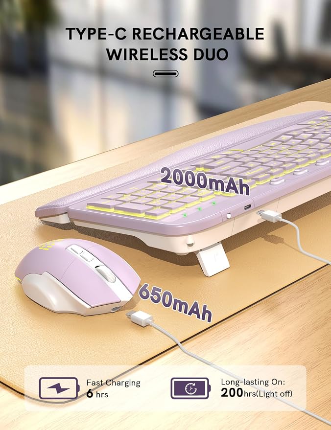 Wireless Keyboard and Mouse Combo, Ergonomic Wave with Wrist Rest | Rechargeable, Backlit Keys, Full Size, 2.4GHz USB Wireless, Leather Finish, MA12Pro Quiet Set for Windows, Mac, PC, Laptop - Image 4
