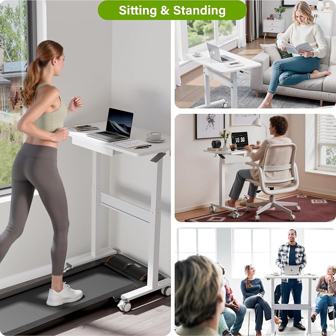 35" Pneumatic Standing Desk for Walking Pad with Wheels Drawer, White | Height Adjustable Rolling Desk, Mobile Computer Workstation with Hook Locking Casters for Treadmill & Home Office - Image 8