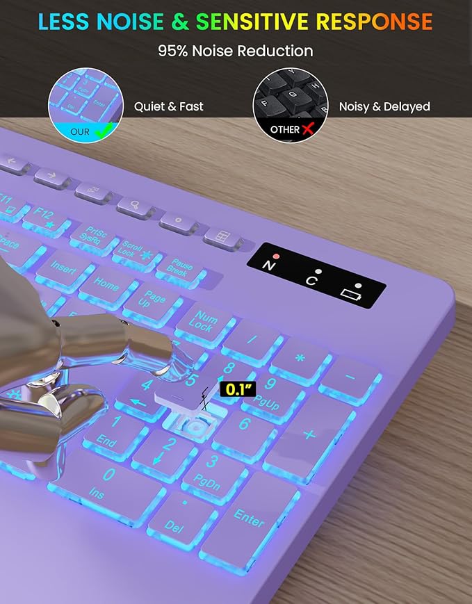 Wireless Keyboard, 7 Colored Backlits, Wrist Rest, Phone Holder-Purple | Rechargeable Ergonomic Computer Keyboard with Silent Keys, Full Size Lighted Keyboard for Windows, Mac, PC, Laptop - Image 6