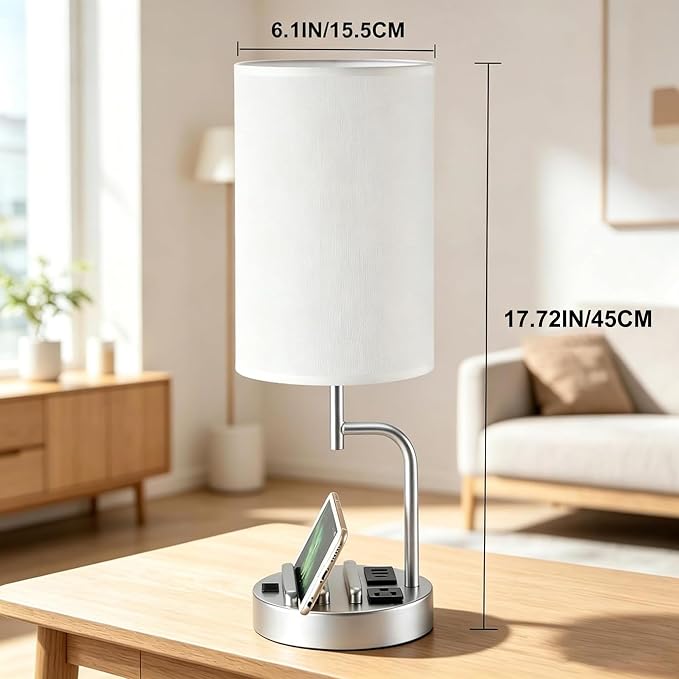 Dreamholder 2 Pack Table Lamp, Bedside Lamp with 3 USB Charging Ports & AC Outlet, USB Desk Lamp with 2 Phone Holders, Linen Fabric Shade Nightstand Lamps for Bedroom Living Room Office, Silver - Image 3