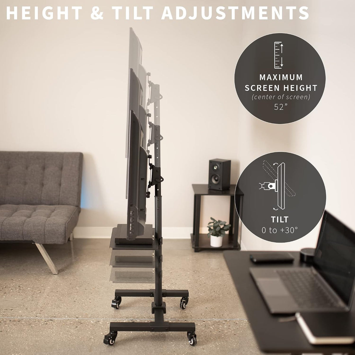 VIVO Height Adjustable TV Cart with Wheels & Shelf for 13-50 in Screens - Image 3