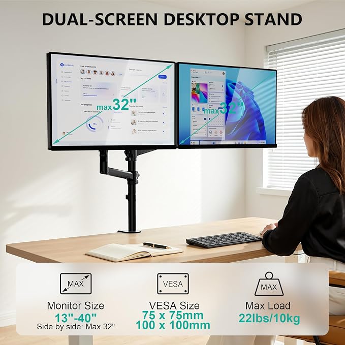 WALI Vertical Dual Monitor Mount for 13-40 inch Curved Screens, up to 22lbs | Stacked Monitor Stand, 31.5 inch Extra Tall Pole, Full Motion with Tilt, Swivel, Rotation, C-Clamp, VESA 75/100mm (GSDM002XL) - Image 3