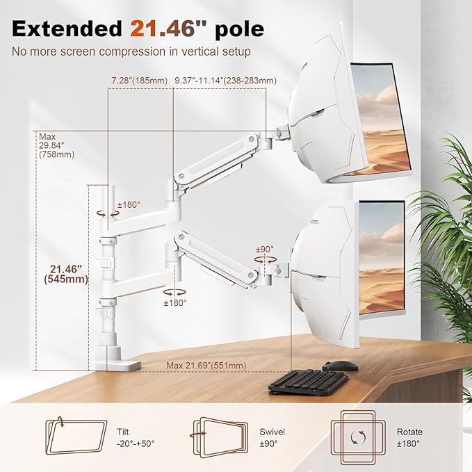 Dual Monitor-Arm Heavy-Duty for 17-49-inch Screens - Vertical Stacked Dual Monitor Mount Stand for Ultrawide Screens up to 44lbs, Aluminum,Full Motion, VESA 75/100 mm, White - Image 4