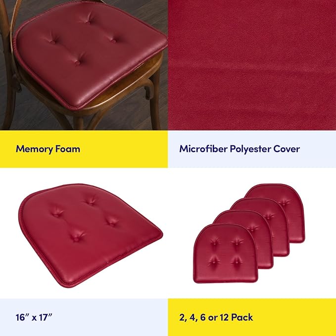 Sweet Home Collection Chair Cushion Memory Foam Pads Tufted Slip Non Skid Rubber Back U-Shaped 17" x 16" Seat Cover, 2 Count (Pack of 1), Faux Leather Burgundy Red - Image 6