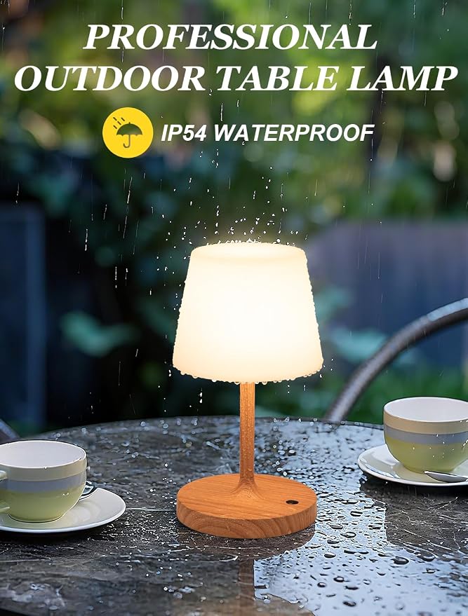 Shower Lamp IP54 Waterproof, Cordless Rechargeable Table Lamp, Outdoor Use | 4000mAh Battery Operated, Dimmable Touch Desk Light for Bathroom, Bathtub, Kitchen, Bedroom, Patio, Camping, Wood Grain 1Pack - Image 6