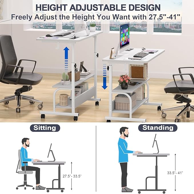 32" Rolling Standing Desk with Charging Station for Couch Bed | Height Adjust 27.5-41", 2 AC/3 USB, Mobile 4 Lockable Wheels, 2-tier Shelves Hook, Safe Corner Fast Assembly - Image 6