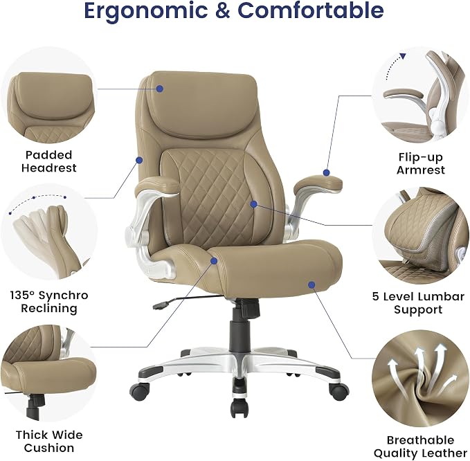 Nouhaus Ergonomic Office Chair Premium Microfiber Leather Adjustable Lumbar Support & Armrests, High Back Comfy Desk Gaming Chairs Executive Computer Swivel Chair Tilt Function(Posture,Taupe) - Image 3