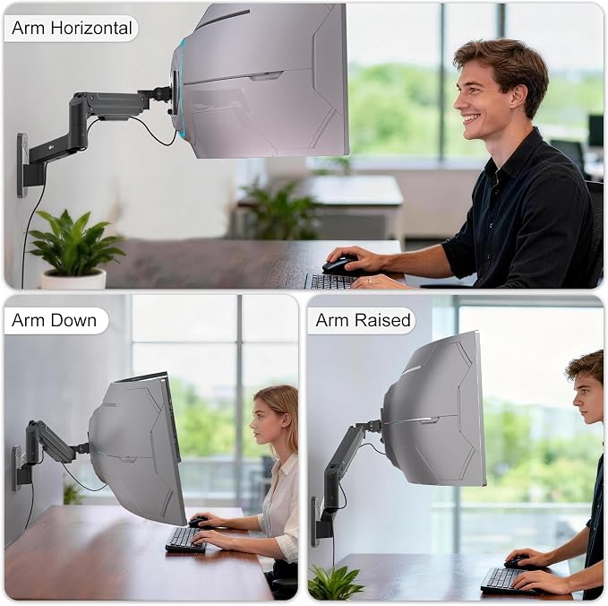 WALI Monitor Wall Mount for 13-49 inch Ultrawide Screens, up to 44 lbs | Heavy Duty Ultrawide Monitor Arm, Wall Mounted, Full Motion with Tilt, Swivel, Rotation, VESA 75/100mm (GSWM001-P), Black - Image 9
