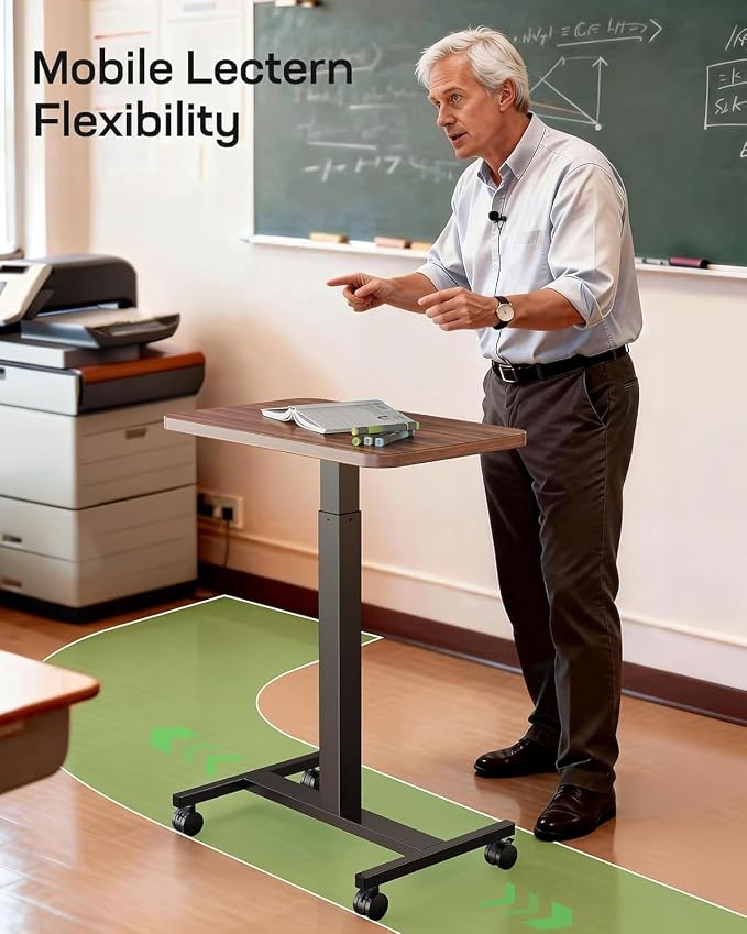 Marsail Mobile Standing Desk, Wider Height Adjustable Computer Desk, Rolling Sit Stand Desk with 4 Lockable Wheels, Desk for Home Office and Classroom, Walnut - Image 5