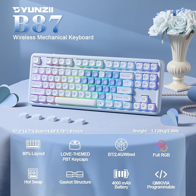 YUNZII B87 TKL Wireless Mechanical Keyboard (Blue Heart,Cocoa V2 Switch) | QMK/VIA, Wrist Rest, CreamyTyping, Cute MOA Keycaps, Gasket Mount, Hot Swap, RGB Backlit, NKRO, BT/2.4G/USB-C, for Win/Mac - Image 2
