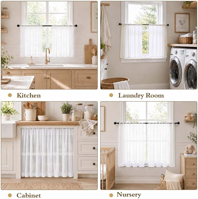 Short White Sheer Kithen Cafe Curtains 24 Inch Length 2 Panels Set | Half Curtains for Living Room Bedroom Basement Bathroom Small window, Sheer curtain over sink, Rod Pocket, Each 42"W x 24"L - Image 8