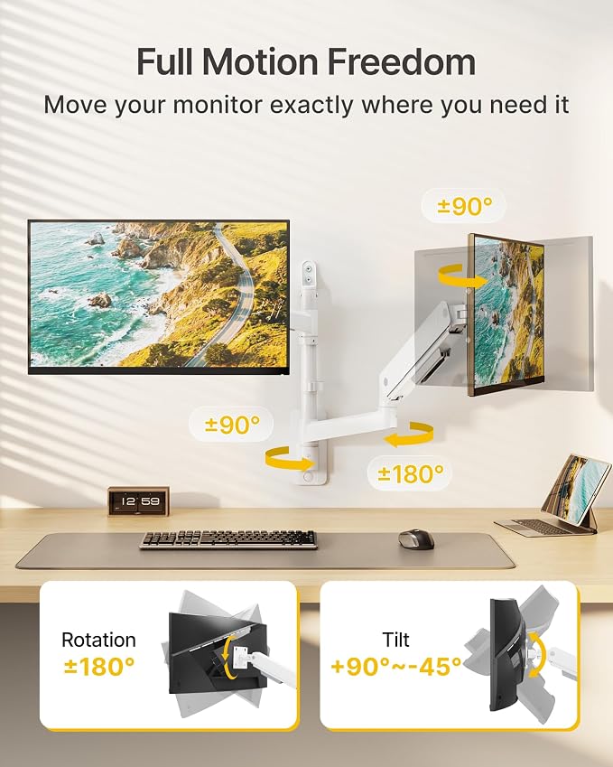 monTEK Vertical Dual Monitor Wall Mount for 17-35" Screens, 35.2 Lbs Each | Heavy Duty Dual Monitor Arm, Full Motion, 75x75/100x100 Compatible, for Flat/Curved Monitors, Home Office & Gaming, White - Image 4
