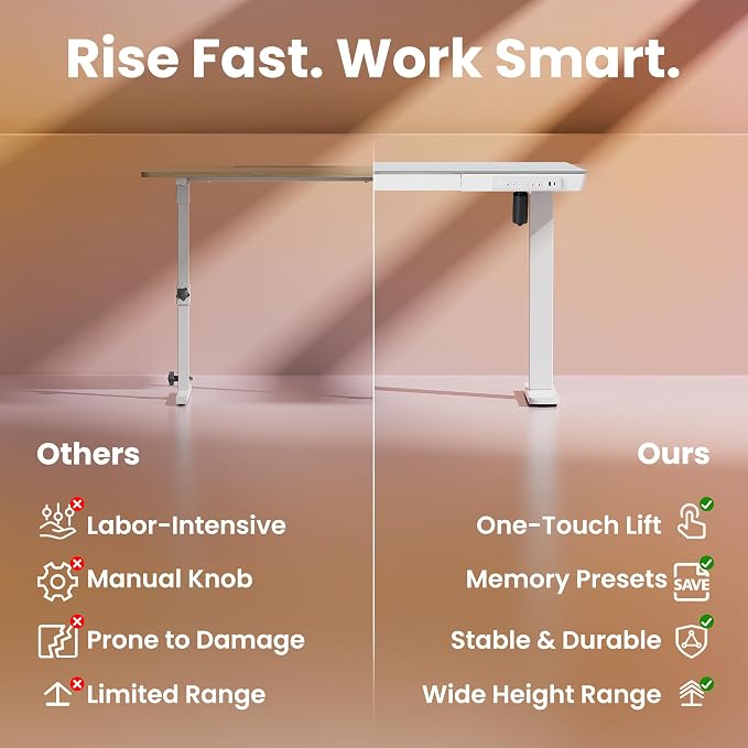 HUANUO Glass Standing Desk with Drawers, 48 X 24 Inch Electric Adjustable Height Desk, Quick Install One-Piece Tabletop with USB Charging Ports, White - Image 8