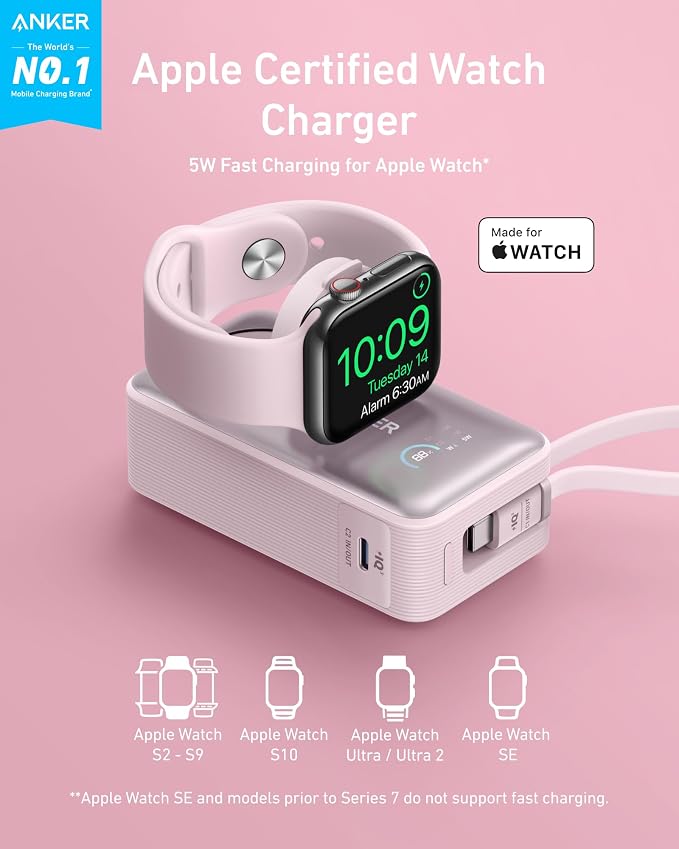 Anker MagGo Power Bank for Apple Watch, 10,000mAh 35W Max Portable Charger | Officially Certified 10,000mAh Battery Pack with Built-In USB-C Cable, for iPhone 17 Series, Samsung, iPad, AirPods, and More - Image 2