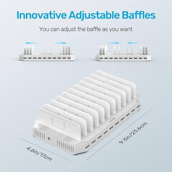 【10PCS】 Unitek 10-Port Charging Station, Fast Charger Dock for Multi-Device | Multi Charging Dock Smart IC Tech Adjustable Dividers USB Type A Fast Charging Stand for iPad, Tablet, Kindle, iPhone, Family - Image 9
