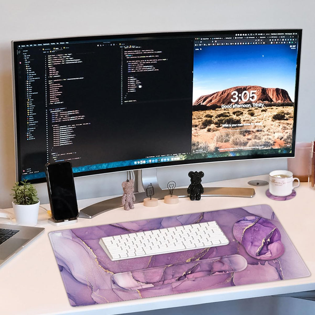 Large Mouse Pad and Keyboard Wrist Rest, Desk Pad for Keyboard and Mouse, 4-in-1 Large Gaming Mouse Pad with Wrist Support, Desk Mat for Home Office Study Game-Purple - Image 7