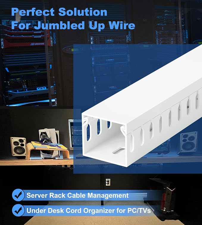 1.4"H x 1.6"W Cable Raceway, 12ft Under Desk Wire Management Channel, White | Slotted Wire Duct, 4 Pack (3 ft Each), Heavy-Duty PVC Cable Management for Server Racks, Network Cables & Electrical Cabinets - Image 5
